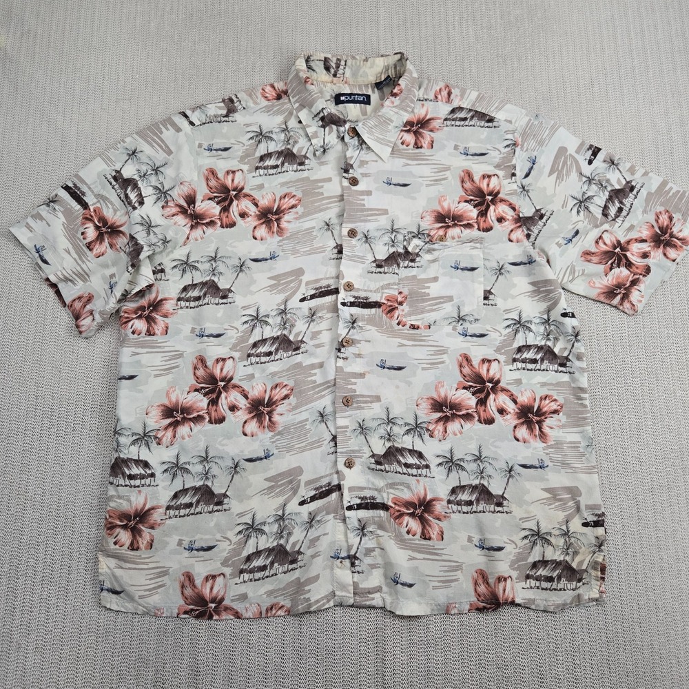 Vintage Puritan Shirt Mens XL White Floral Hawaiian Aloha Button Up Rayon Y2K